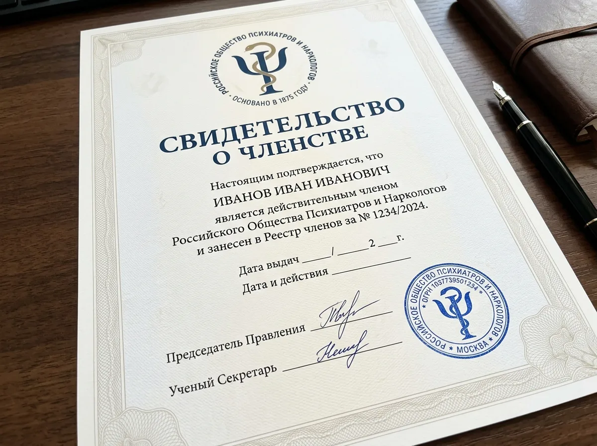 Свидетельство о членстве в Российском обществе психиатров и наркологов — официальный бланк, синяя печать профессиональной ассоциации