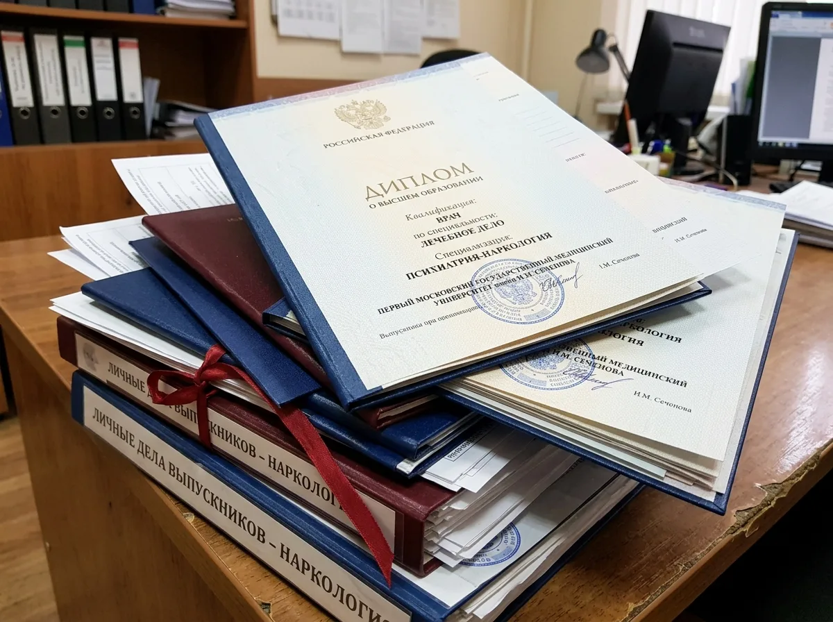 Дипломы о высшем медицинском образовании врачей-наркологов, стопка документов, официальные бланки медицинских вузов России