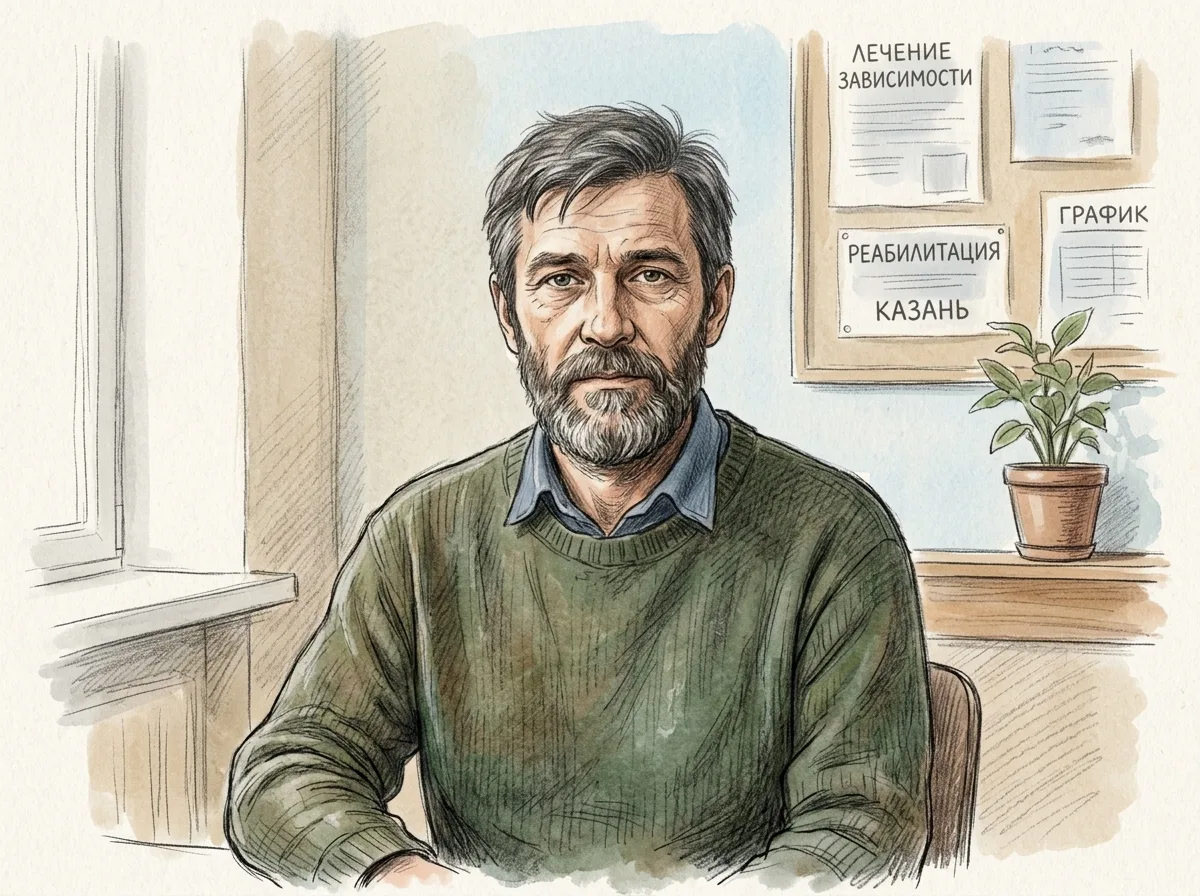 Аватар мужчины 41 год, Артём, пациент наркологической клиники в Казани, нейтральный нарисованный портрет